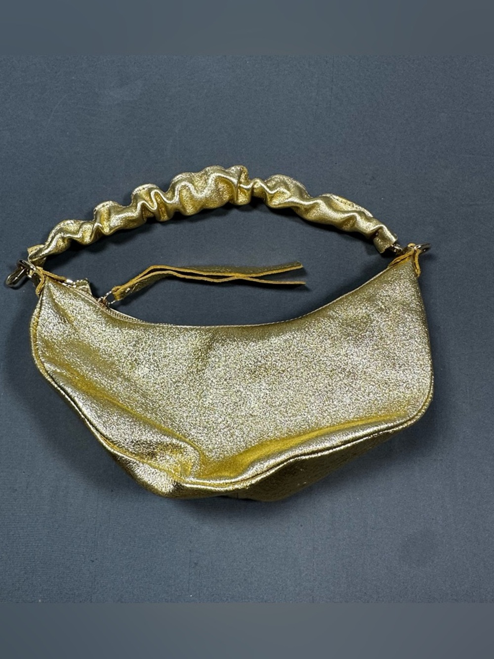 Genuine Italian Leather Metallic Gold Mini Hobo Bag Ruched Scrunchie Strap